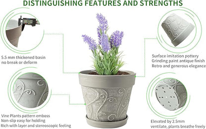 Melphoe Plant Pots Indoor with Drainage & Saucer, 2Pack 10 inch Flower Pots Outdoor Planters for Indoor Plants Garden Home Decor Cactus Succulent, Rigid Plastic (Imitation-Terracotta) Vine-Embossed
