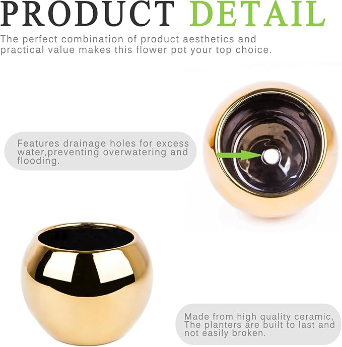 Gold Spherical Ceramic Plant Pots Succulent Small Planter Indoor Modern Round Decorative Indoor-Outdoor Garden Plant Pots with Drainage Holes - Plants Not Included 3.94 x 3.94 x 3.15 Inch