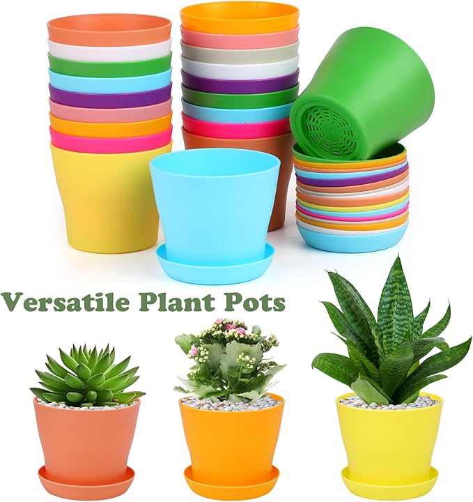 60 Pieces Plastic Planters 4 Inch Flower Pot with Trays Labels Multicolor Flower Plant Pots Plants Nursery Pots Flower Seedling Nursery Pots for Indoor Outdoor Plant, Herb, Succulent, 10 Color