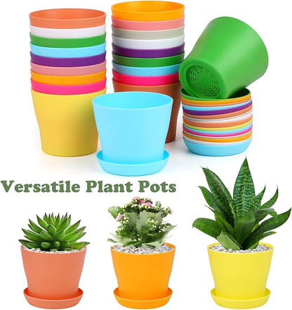 60 Pieces Plastic Planters 4 Inch Flower Pot with Trays Labels Multicolor Flower Plant Pots Plants Nursery Pots Flower Seedling Nursery Pots for Indoor Outdoor Plant, Herb, Succulent, 10 Color