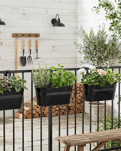 Metal Railing Planters for Outdoor Plants - 5 Pcs Balcony Hanging Flower Pots with Detachable Hooks & Drain Holes, Windowsill Oval Hanging Bucket Pots Fence Planters for Garden Home Decor, Black