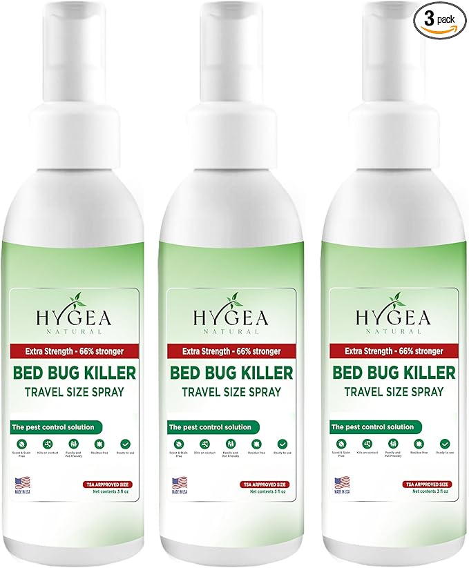 Hygea Natural Extra Strength Bed Bug Killer & Mite Travel Spray - TSA Approved 3 oz Size - Child & Pet Friendly - Stain & Odor Free - for Hotel, Suitcase, Backpack - 66% Stronger Formula (3 pack)