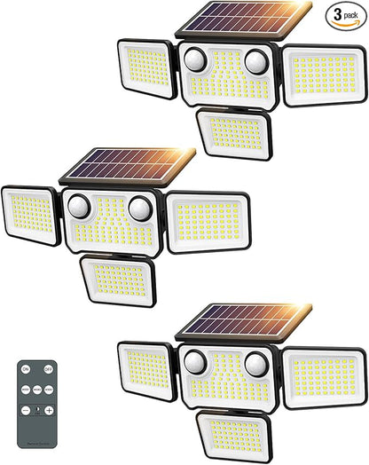 4500LM Solar Lights Outdoor Waterproof, 254 LED Solar Flood Lights Outdoor with 2 Motion Sensor, 4 Heads Security Light with Remote Control for Yard Outside House Garage 3 Pack