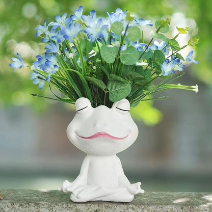 Face Planters Pots Head Yoga Frog Resin Plant Pot with Drainage Hole(White-A)