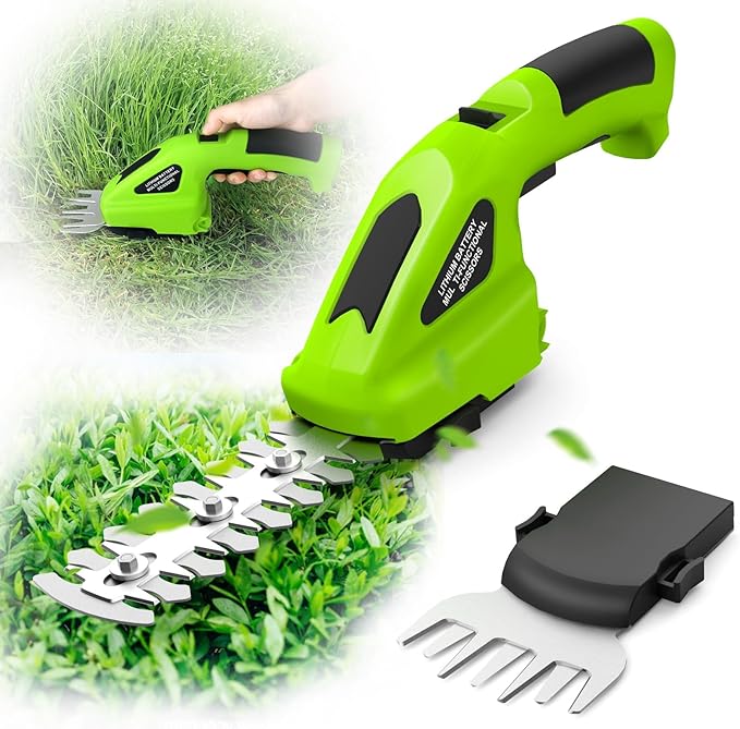 Cordless Hedge Trimmer 2000mAh, 7.2V Handheld Hedge Clippers Electric Shrubbery Trimmer, 2 in-1 Grass Clippers Trimmer Grass Cutter, Rechargeable Battery and Charger for Garden, Lawn