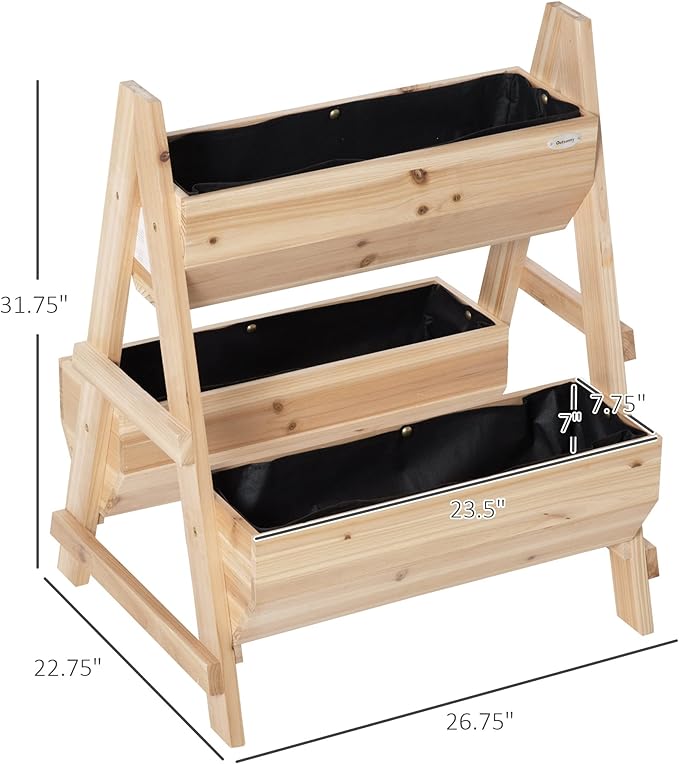 Outsunny 3 Tier Verctial Raised Garden Bed, Wooden Elevated Planter Box with Fabric Liner and Drainage Holes, for Vegetables, Herbs, Flowers, Natural