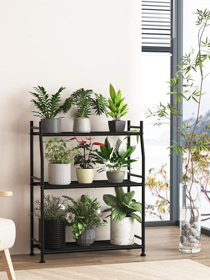 3-Tier Plant Stand Indoor Outdoor, Waterproof Metal Plant Shelf for Multiple Flower Planter Holder, Small Plant Stands for Patio Garden Living Room, Black