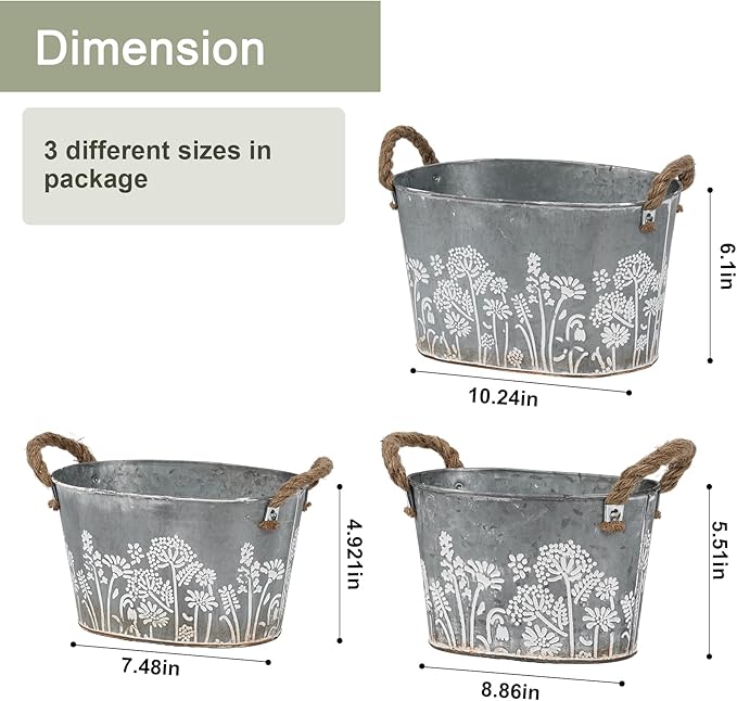 3 Pack Oval Galvanized Planter Tubs, Garden Metal Rustic Flower Pots for Outdoors, Rustproof Tin Bucket Vintage Plant Pot, Large Shallow Flower Bucket with Handles