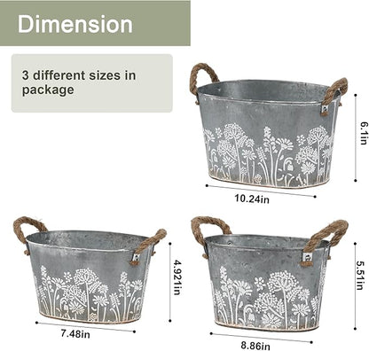 3 Pack Oval Galvanized Planter Tubs, Garden Metal Rustic Flower Pots for Outdoors, Rustproof Tin Bucket Vintage Plant Pot, Large Shallow Flower Bucket with Handles