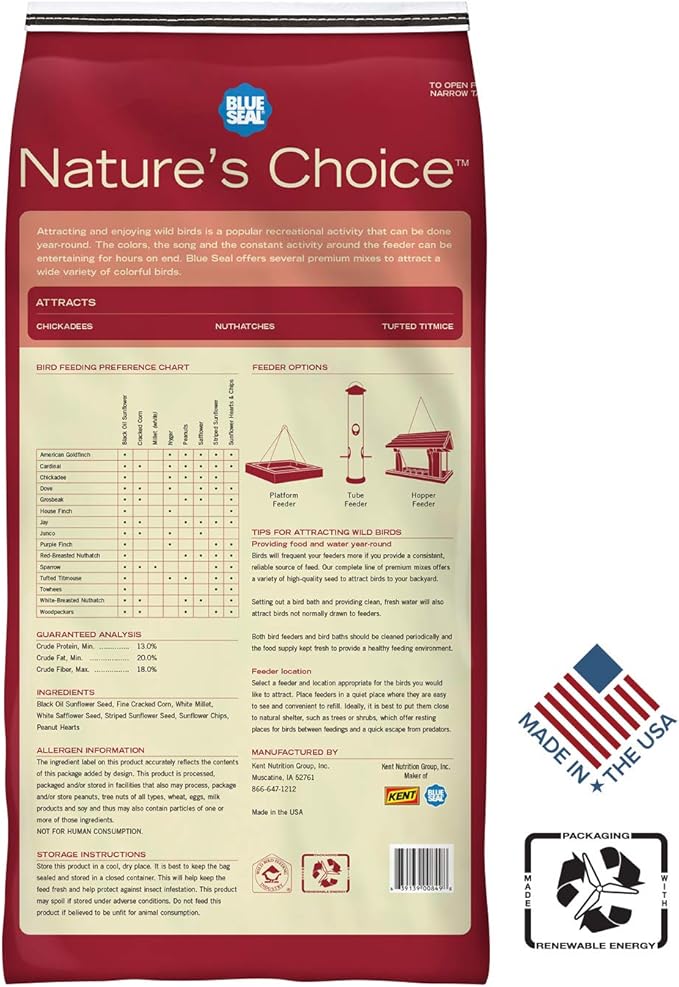 Blue Seal Nature's Choice Wild Bird Seed | High Energy Mix, No Filler | Sunflower and White Safflower Seeds | Attracts Variety of Wild Outside Birds | Shell-Free Mix | Made in USA | 8 Pound Bag