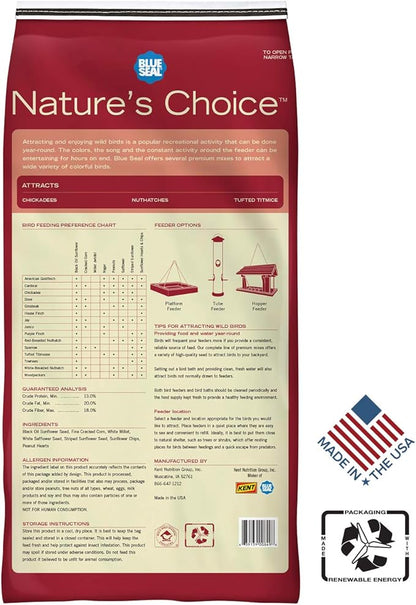 Blue Seal Nature's Choice Wild Bird Seed | High Energy Mix, No Filler | Sunflower and White Safflower Seeds | Attracts Variety of Wild Outside Birds | Shell-Free Mix | Made in USA | 8 Pound Bag