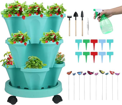 Vertical Planter 3 Tier Stackable Planters Garden Planters Strawberry Herb Flower and Vegetable Planter Indoor Outdoor Gardening Pots with Removable Wheels and Tools