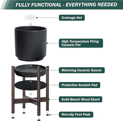D'vine Dev Ceramic Planter with Walnut Color Stand - 14 Inch Modern Round Flower Pot with Wood Planter Holder, Black, 55-B-T-2
