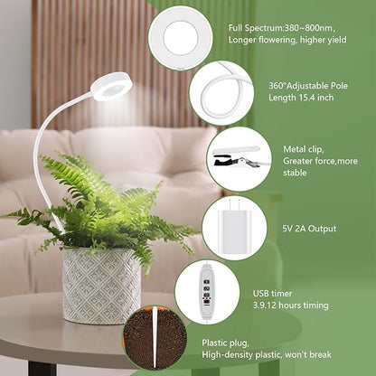 Pot Clip on Grow Lights for Indoor Plants Full Spectrum,LED Plant Lights For Indoor Growing,10-Level Dimmable & Timer,Adjustable Gooseneck Plant Grow Light for Small Plant,Succulents,White 2 Pack