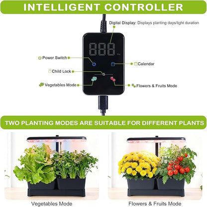 Indoor Garden Led Grow Light Planter Pots, Herb Kitchen Garden Grow Kit, Full Spectrum LED Plant Light for Plants, Height Adjustable Growing Lamp with Intelligent Controller (Black, 16*6.3*7.1 inch)