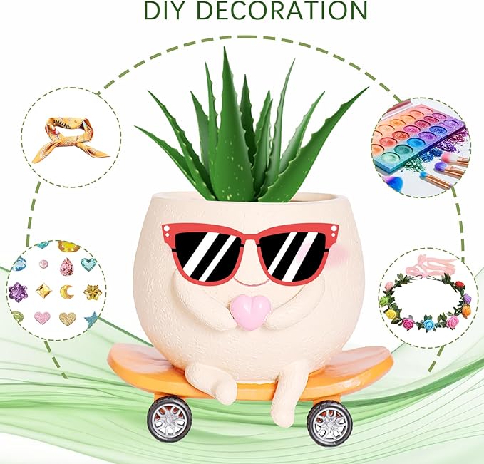 Funny Smily Face Planter Pot with Drainage Hole for Indoor and Outdoor Unique Resin Rolling Skate-Shaped Succulent Flower Pots Novelty Gift for Valentine's Day, Home Decors