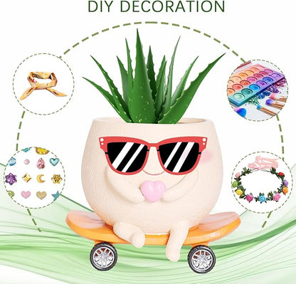 Funny Smily Face Planter Pot with Drainage Hole for Indoor and Outdoor Unique Resin Rolling Skate-Shaped Succulent Flower Pots Novelty Gift for Valentine's Day, Home Decors
