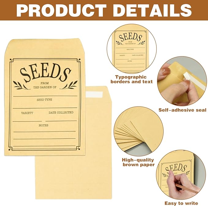 100Pcs Seed Envelopes, Seed Envelope Resealable Brown Paper Self Adhesive Sealing Seeds Saving Envelopes for Storage Vegetable Flower Seeds, 3.1x4.7 Inch
