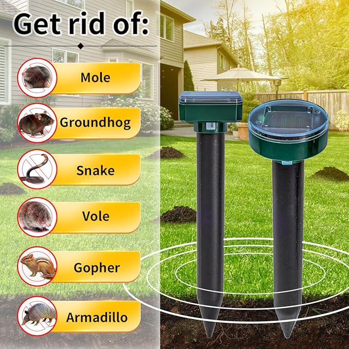 8 green UPGRADE Mole Repellent for lawns Gopher Repellent Ultrasonic Solar Powered Snake Repellent Deterrent Mole Repeller Vole Repellent Outdoor Lawns Garden Yard All Pests Sonic Spikes Stakes Chaser
