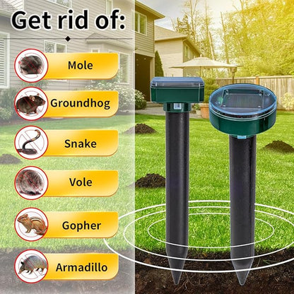 8 green UPGRADE Mole Repellent for lawns Gopher Repellent Ultrasonic Solar Powered Snake Repellent Deterrent Mole Repeller Vole Repellent Outdoor Lawns Garden Yard All Pests Sonic Spikes Stakes Chaser