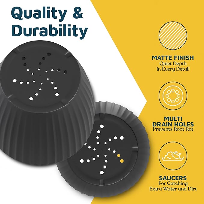 Black 6-Inch Plant Pots with Drainage & Saucers 18 Pack, Indoor & Outdoor Planters for Houseplants, Herbs, and Flowers, Durable & Weatherproof Material, Stackable, Lightweight, Minimalist Design