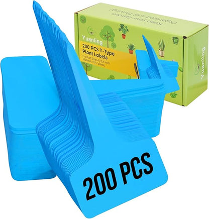 Plant Labels 200 Pcs Yuanling T-Type Plastic Garden Tags Waterproof Plant Sign Stakes Nursery Garden Makers for Seedlings Flower Vegetables Herb Potted Belt Permanet Marker Pen (Blue)