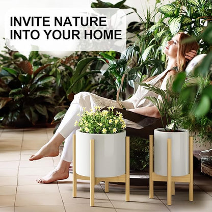 MUDEELA Plant Stand for Indoor Plants: Adjustable Width Fits 8-12 Inch Pots - Mid Century Modern Bamboo Plant Stand - 14.5 Inch Single Tier Small Floor Plant Holder, Natural, 1 Pack (Without Pot)
