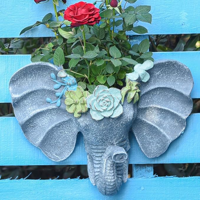 Sungmor Resin Elephant Head Wall Pot, Unique Bohemian Style Animal Face Planter, Vertical Hanging Plant Pot, Pretty Decorative Flower Pot for Indoor Outdoor Plants, for Gardening Lovers