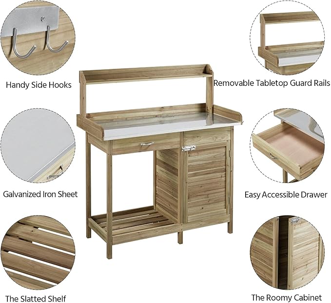 Topeakmart Garden Potting Bench Potting Table ACQ Lumber Wood Outdoor Work Station Work Bench Planting with Cabinet & Drawer & Top Shelf & Lower Shelf Light Green