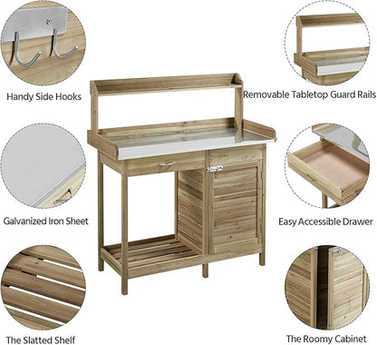 Topeakmart Garden Potting Bench Potting Table ACQ Lumber Wood Outdoor Work Station Work Bench Planting with Cabinet & Drawer & Top Shelf & Lower Shelf Light Green