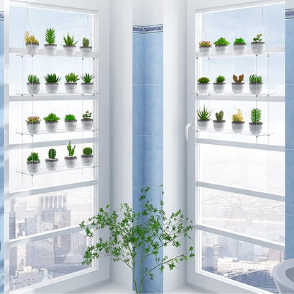 4-TierClear Plant Shelves, Height Adjustable Hanging Acrylic Indoor Wall Hanging Plant Stand Flower Display, Flower Pot Organizer Storage for Window Grow Herbs, Microgreens, Succulents, 16 Inch
