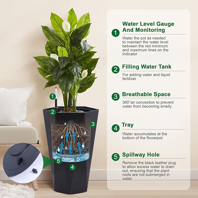 GarveeLife 22.5 in Tall Diamond Planters Set of 2, Self Watering Planters with Water Level Monitor, Flower Pots Outdoor and Indoor for Patio, Porch, Living Room, Home Office, Black