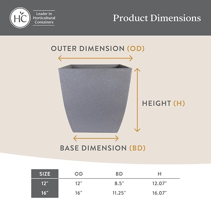 The HC Companies Santa Fe Square Self-Watering Pot - Lightweight Plastic Planter for Herbs & More - Durable Plant Pots for Indoor Plants & Outdoor Plants (12" Pebble Gray, Pack 2)