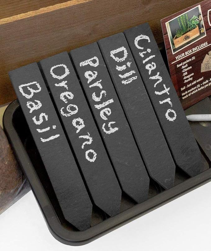Premium Natural Slate Plant Markers - Set of 5 Stakes - Comes with Chalk Pen - Dryden Trading Co. - Dark Garden Labeling Herb Tags