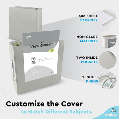 2 Inch 3 Ring Binder 2” Grey, Slant D-Ring 2 in Binder Clear View Cover with 2 Inside Pockets, Heavy Duty Colored School Supplies Office and Home Binders – by Enday