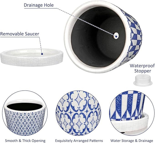 Small Ceramic Pots for Plants, 4.7 inch Blue and White Plant Pot Indoor with Drainage & Saucer Set of 3 Ceramic Planters for Indoor Plants Succulent Pot Decorative Flower Pots for Cactus, Orchid, Herb
