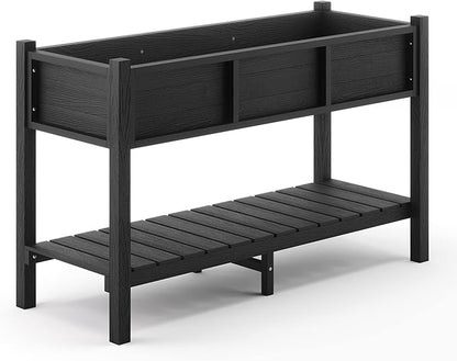LUE BONA Raised Garden Bed with Tools, 47*18*29 in, Poly Elevated Planter Box with Legs And Storage Shelf, Weather Resistant, 3-Year Warranty, Standing Growing Bed Herb Planter for Vegetable, Black
