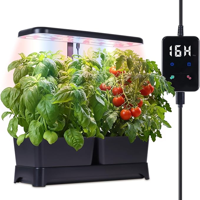 Indoor Garden Led Grow Light Planter Pots, Herb Kitchen Garden Grow Kit, Full Spectrum LED Plant Light for Plants, Height Adjustable Growing Lamp with Intelligent Controller (Black, 16*6.3*7.1 inch)