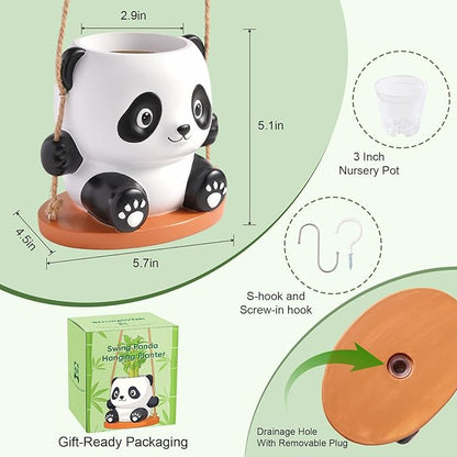 Swing Panda Hanging Planters for Indoor Plants, Cute Succulent Pots with Drainage Hole, Small Hanging Flower Pots Outdoor, Panda Gifts for Plant Lovers (Boy-White)