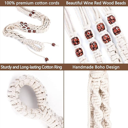 Macrame Plant Hanger with Colored Wood Beads and 4PCS Hooks, Elegant Hanging Plant Holder for Indoor Outdoor Plants, Sturdy Hanging Planters with No Tassel, 33 Inch, Ivory, Set of 2