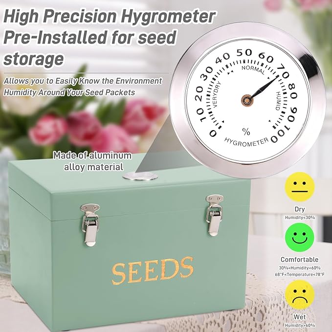Professional-Designed Bamboo Seed Storage Box with Built-in Hygrometer, Double-Layer Airtight Lid and Safety Lock, Temperature-Stable Wooden Seed Organizer for Preservation, Great Gifts for Gardener