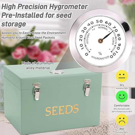 Professional-Designed Bamboo Seed Storage Box with Built-in Hygrometer, Double-Layer Airtight Lid and Safety Lock, Temperature-Stable Wooden Seed Organizer for Preservation, Great Gifts for Gardener