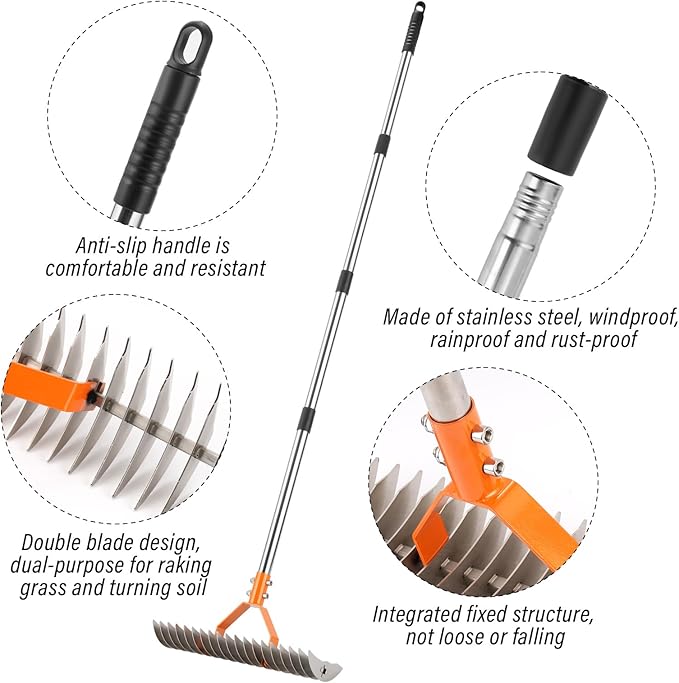 62" Adjustable Thatch Rake - 19-Tine Lawn Dethatcher with Nickel Steel Tines, Heavy Duty Ergonomic Handle for Spring Lawn Care, Soil Aeration & Yard Cleanup&Turf Renovation (Silver)