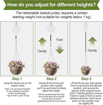Retractable Plant Hanger with Pulley System, Effortless Raising and Lowering for Indoor and Outdoor Plants, Hanging Planters, Garden Pots & Bird Feeders (4-Pack,White)