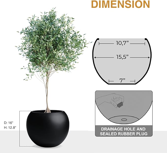 12.8" H x 16" D Globo Fiberstone Round Planter with Drainage Hole, Smooth Finishes, Weather Resistant for Indoor and Outdoor Use, Included 2 Extra Coco Mats (Black, 10.7" Pot Opening)