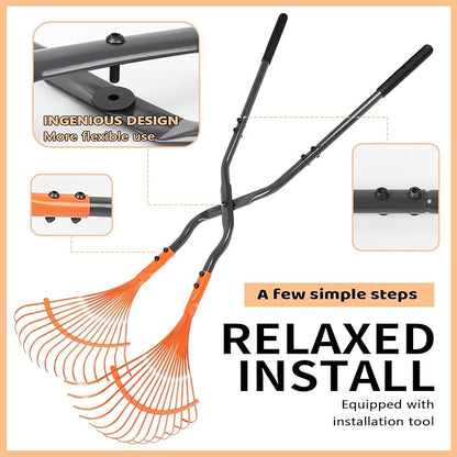 Leaf Grabber Rake with Long Handle, Black and Orange, Heavy-Duty Garden Lawn Cleanup Tool