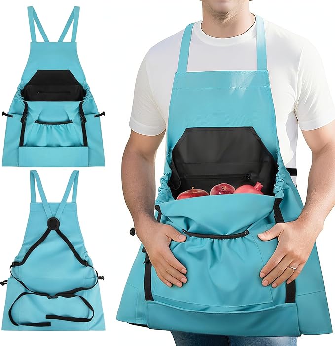 Gardening Apron with Pockets for Women – Harvest Apron for Garden Vegetables, Water Resistant Adjustable Cross Back Tool Apron, Gardening Gift for Plant Lovers & Gardeners - Blue
