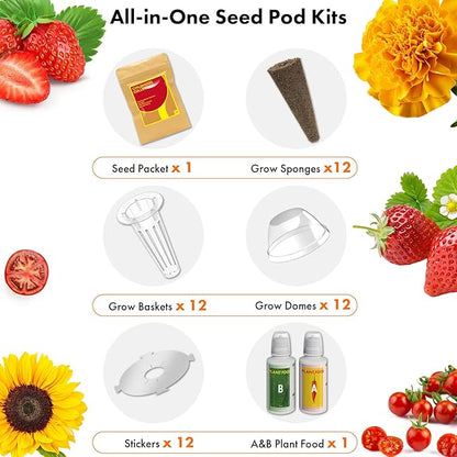 LYKOCLEAN Flower Fruit Seed Pods for AeroGarden, Ahopegarden, iDOO Hydroponics Growing System Indoor, 350 Seeds Including Dwarf Sunflower Bambino, French Marigold, Red Tomato, Red Strawberry (12-Pods)