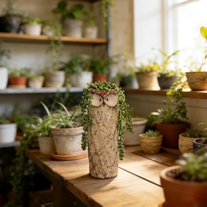GeLive 9 Inch Owl Ceramic Vase, Farmhouse Flower Vase, Retro Owl Planter, String Pearl Succulent Pot for Bud Cutting Hydroponic Plant, Indoor Outdoor Home Decor, Cute Owl Fun Animal Cartoon Gift