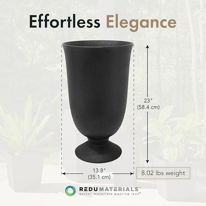 Tierra Verde Indoor & Outdoor Self-Watering Urn Planter, Cadence, 14" x 23", Black - Planting Containers for Plants and Flowers - Gardening and Landscaping Accessories